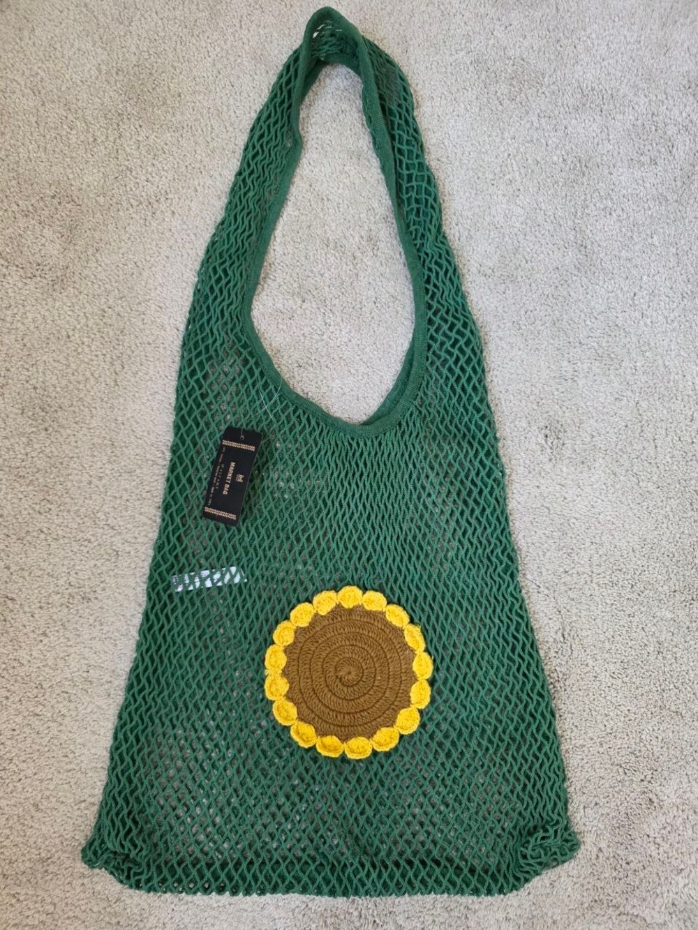Urban Outfitters Woven Sunflower Market Bag Green Crochet Mesh Tote NWT Cotton